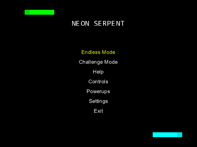 Neon Serpent title screen with two animated demo serpents and the main menu